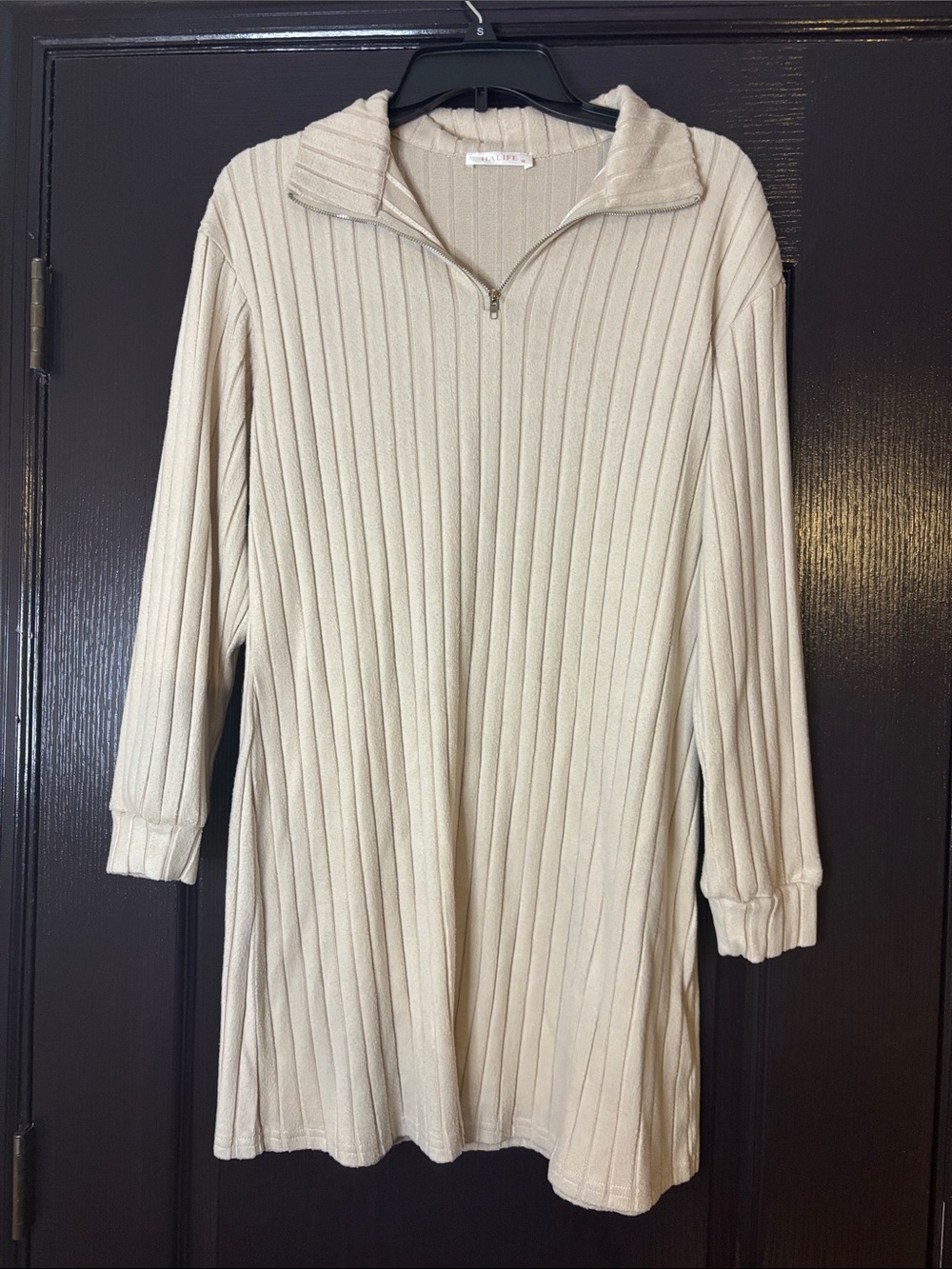 Ribbed Zip-Neck Sweater Tunic in Cream
